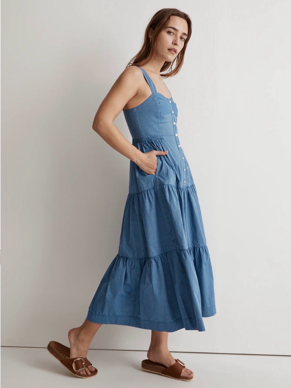 Madewell Tiered Button-Front Midi Dress in Blue Stripe